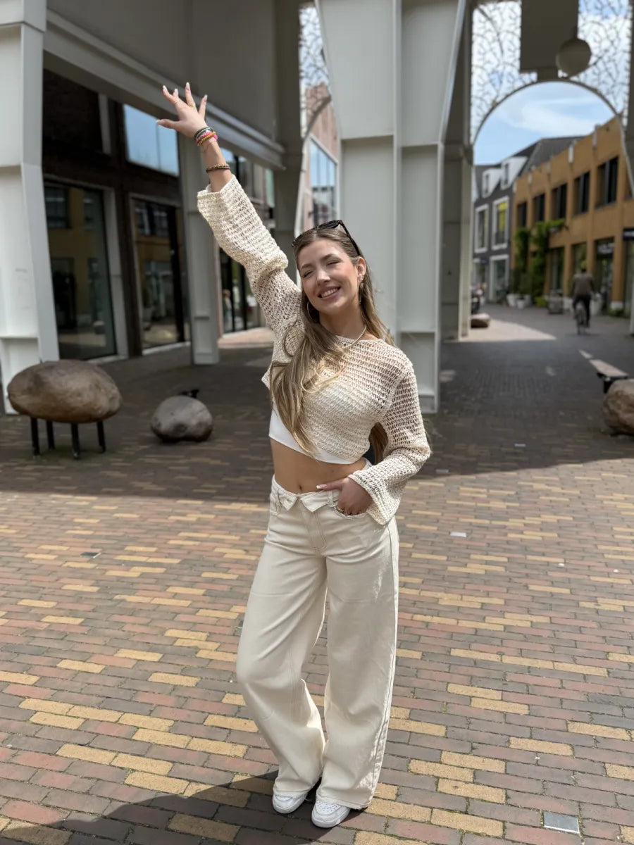  Folded waist wide leg jeans 3957 - beige