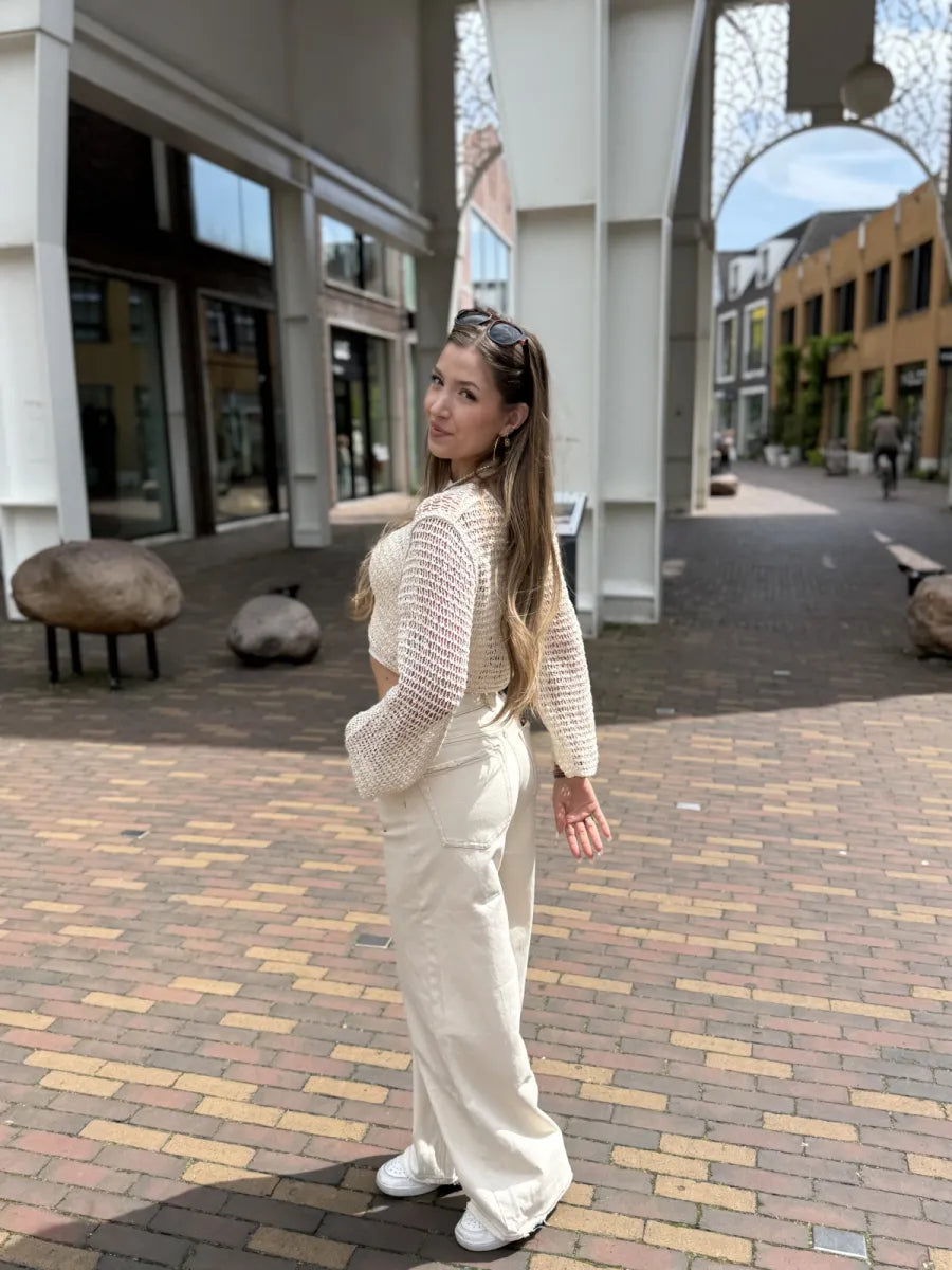  Folded waist wide leg jeans 3957 - beige