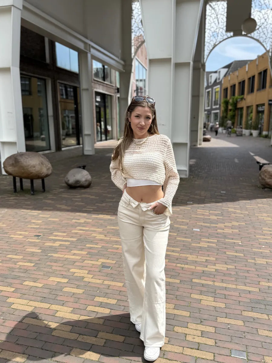  Folded waist wide leg jeans 3957 - beige
