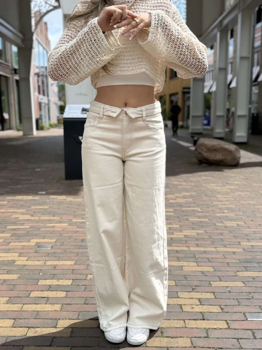  Folded waist wide leg jeans 3957 - beige