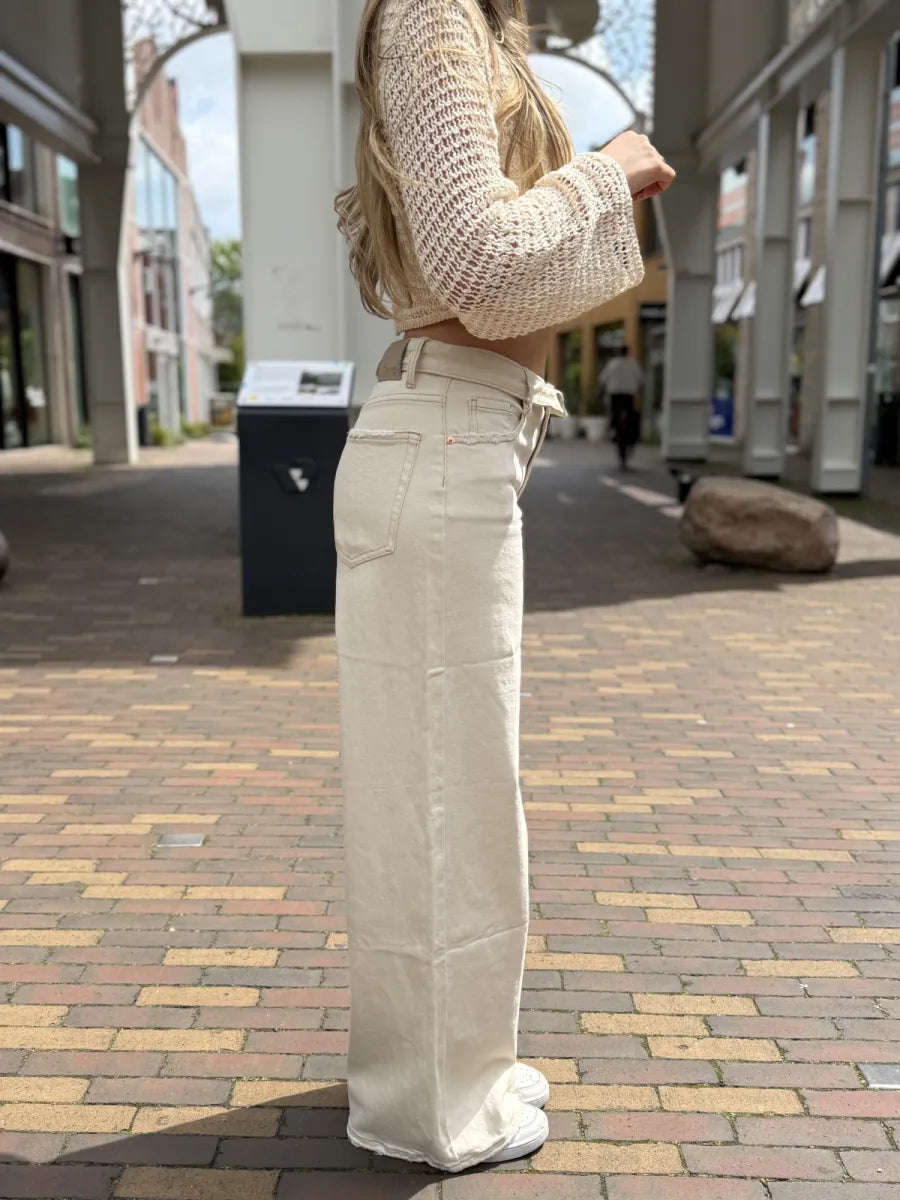  Folded waist wide leg jeans 3957 - beige