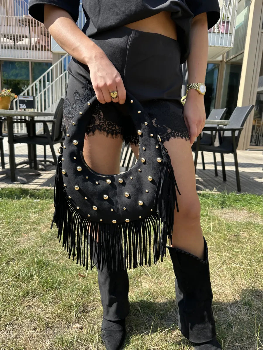  Fringe tas met gouden studs 9918 - zwart