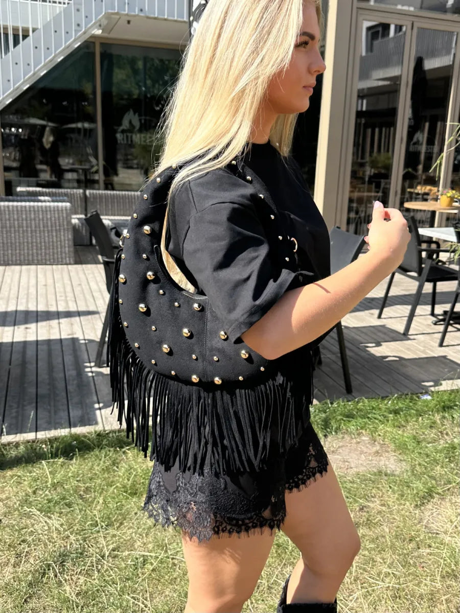  Fringe tas met gouden studs 9918 - zwart