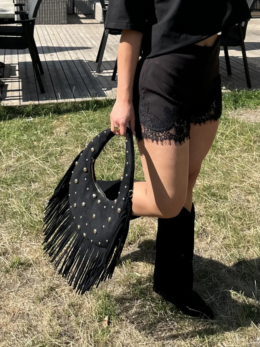  Fringe tas met gouden studs 9918 - zwart