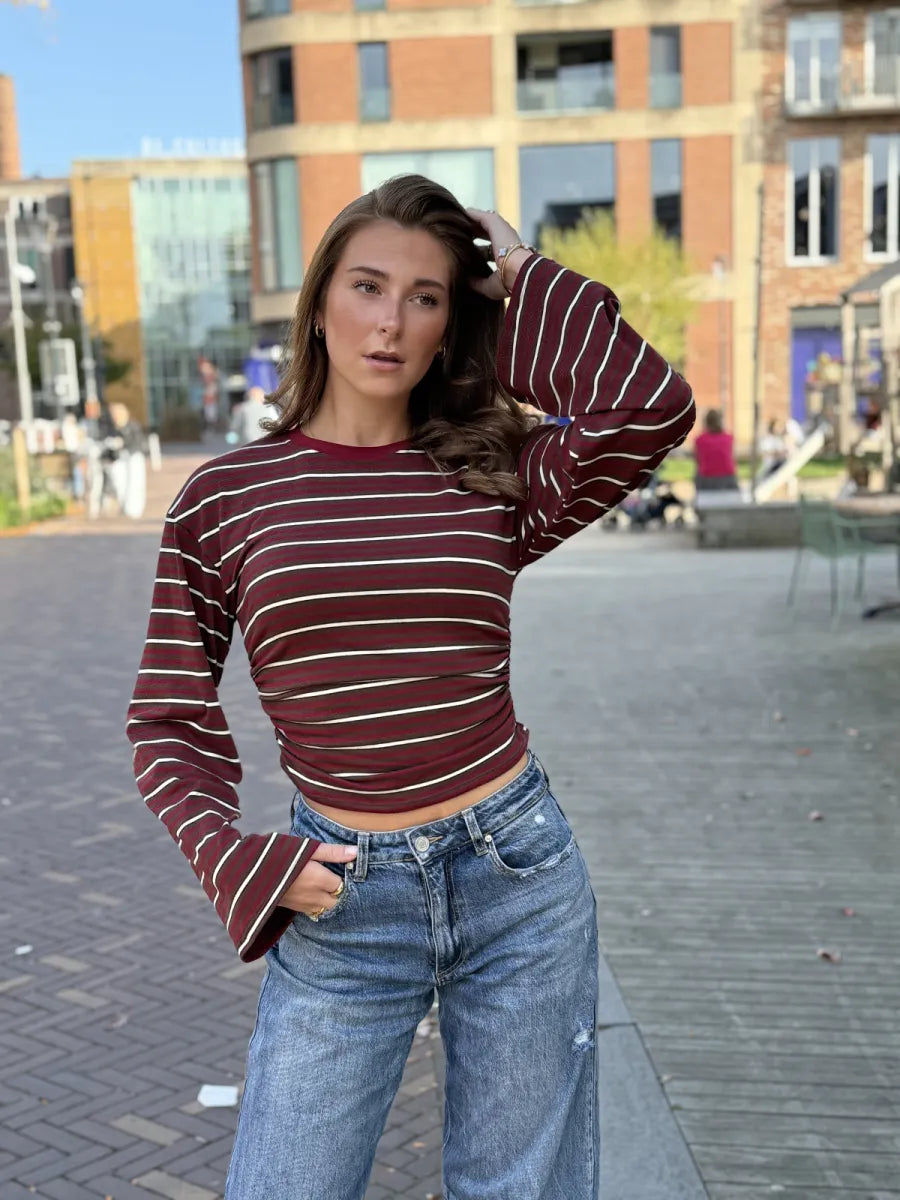  Getailleerde longsleeve met streepjes - bordeaux/ bruin