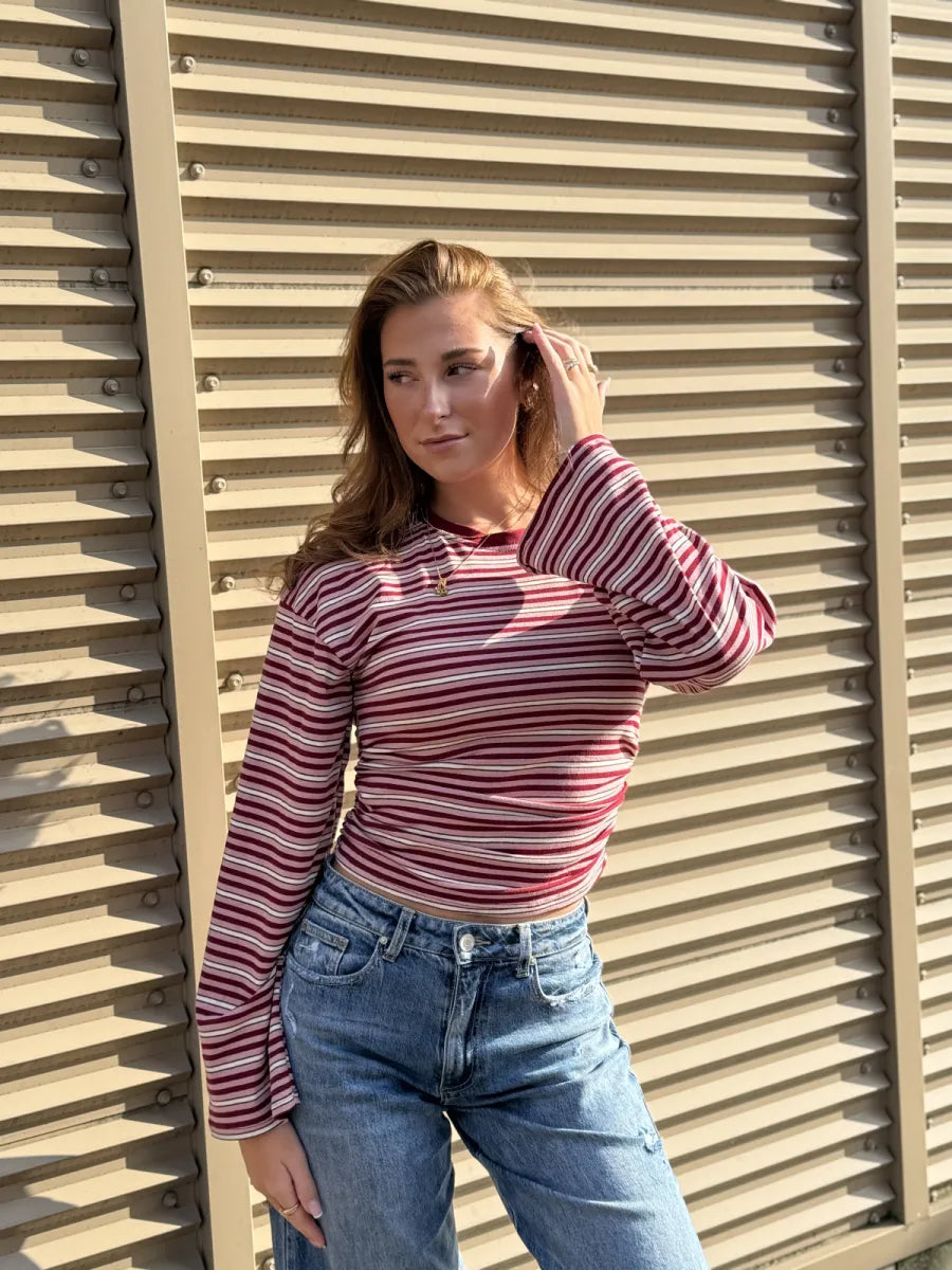 Getailleerde longsleeve met streepjes - bordeaux/ roze