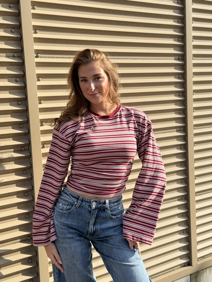  Getailleerde longsleeve met streepjes - bordeaux/ roze