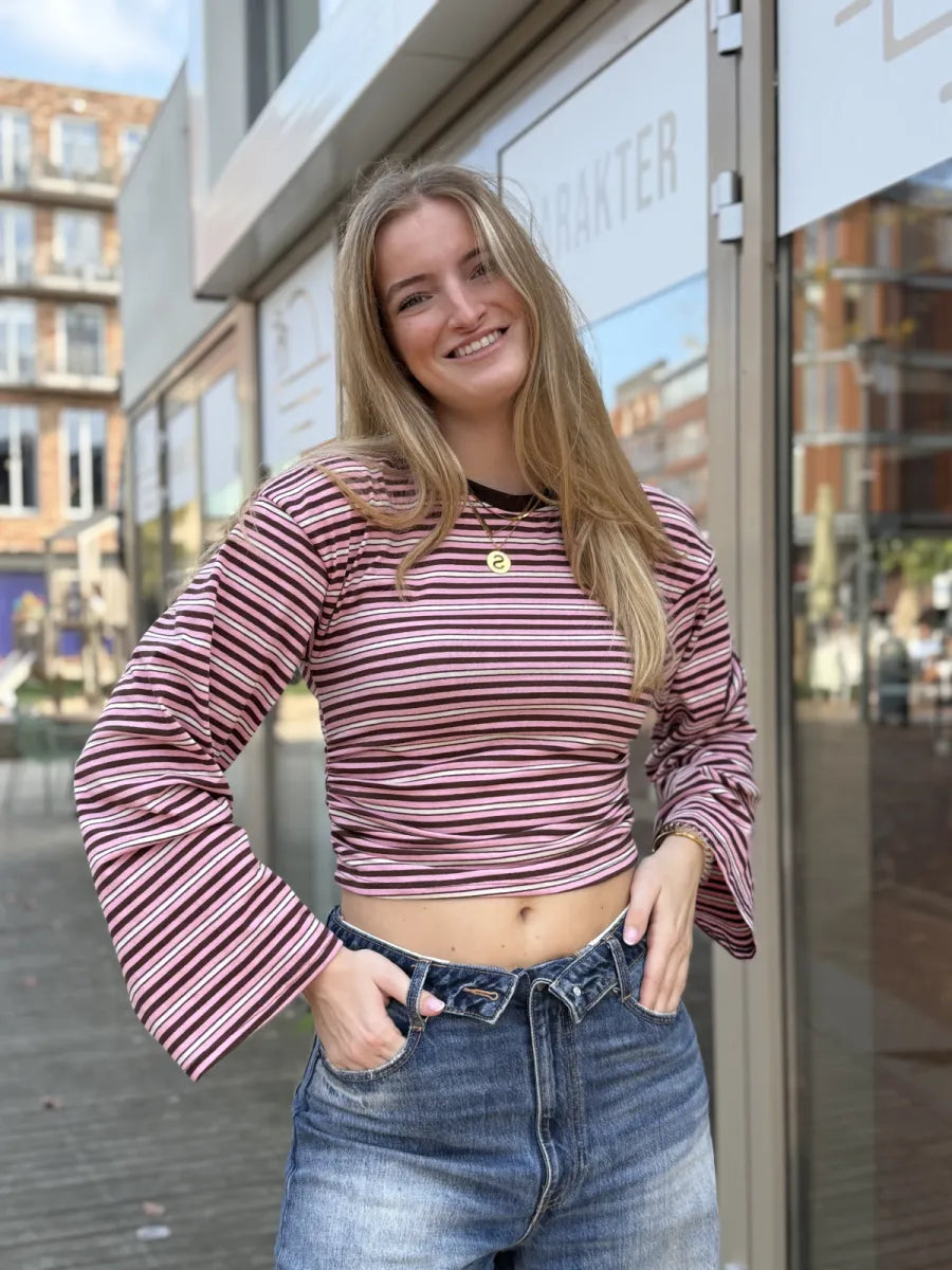  Getailleerde longsleeve met streepjes - bruin/ roze