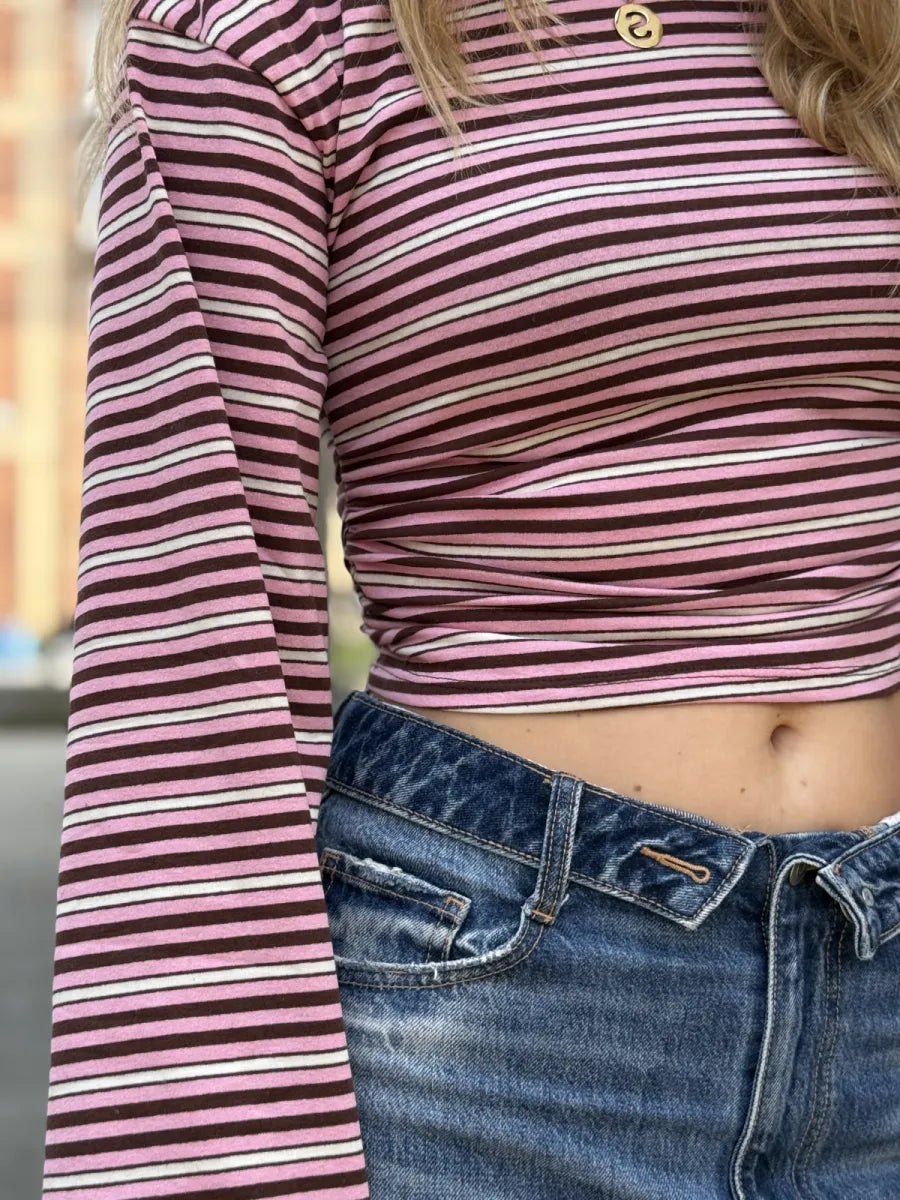  Getailleerde longsleeve met streepjes - bruin/ roze