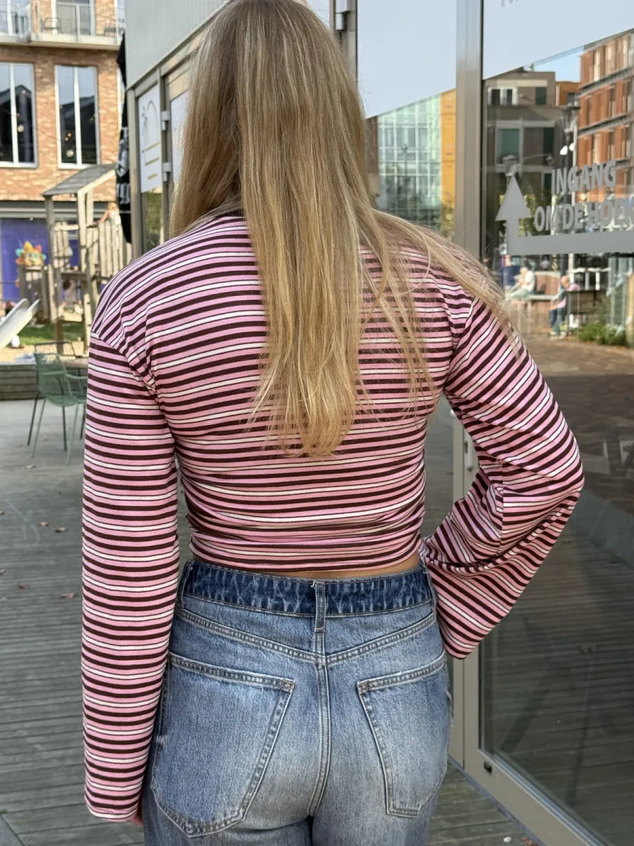  Getailleerde longsleeve met streepjes - bruin/ roze