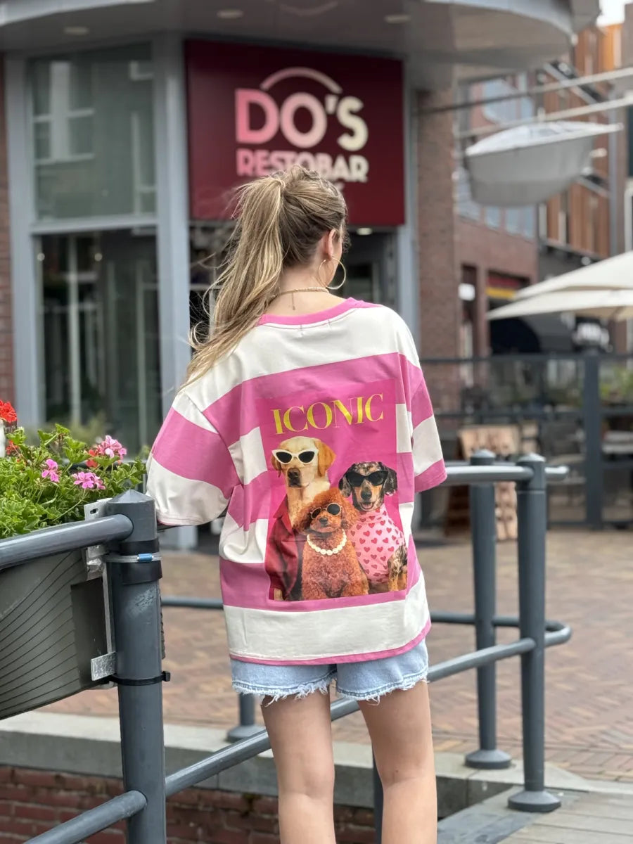  Gestreept iconic dogs shirt - roze/ ecru