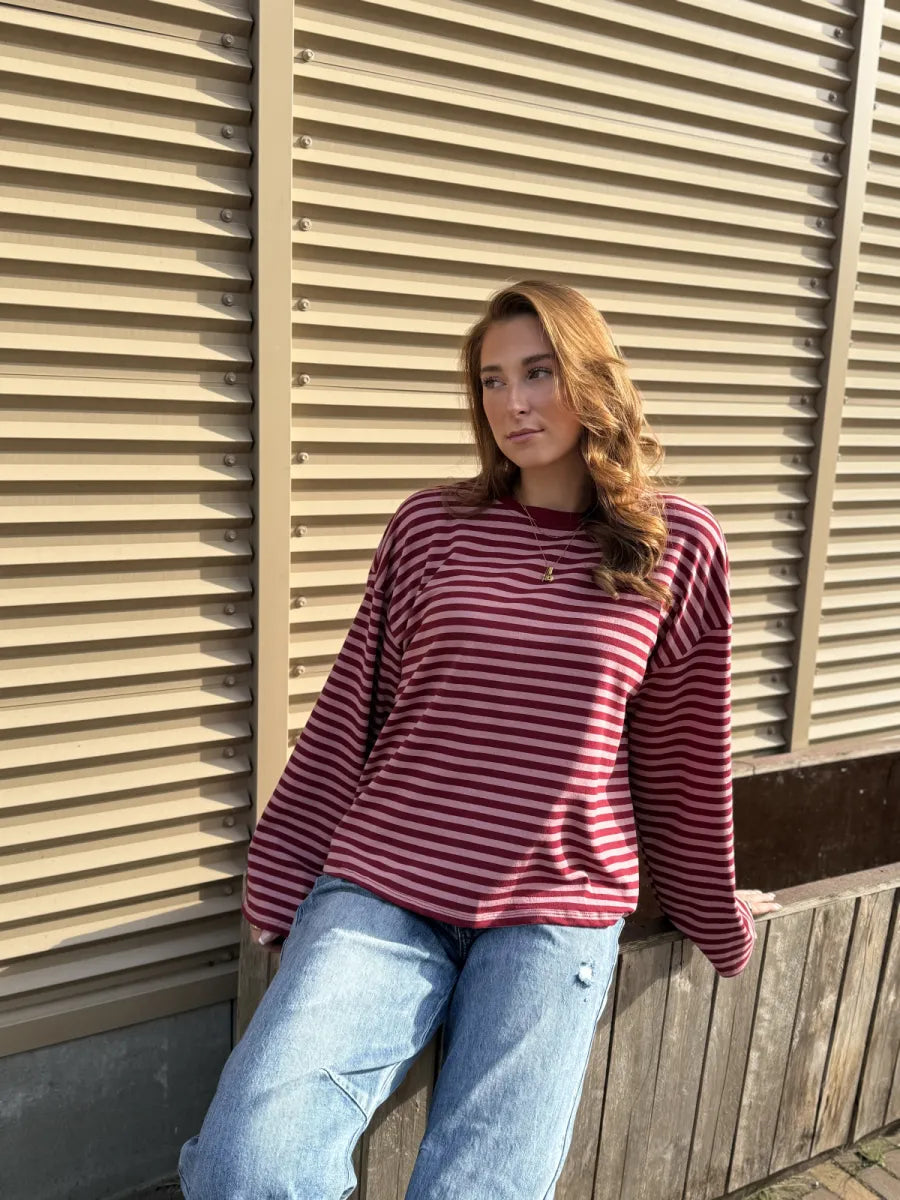 ZM - gestreepte longsleeve Jenna - bordeaux/ roze