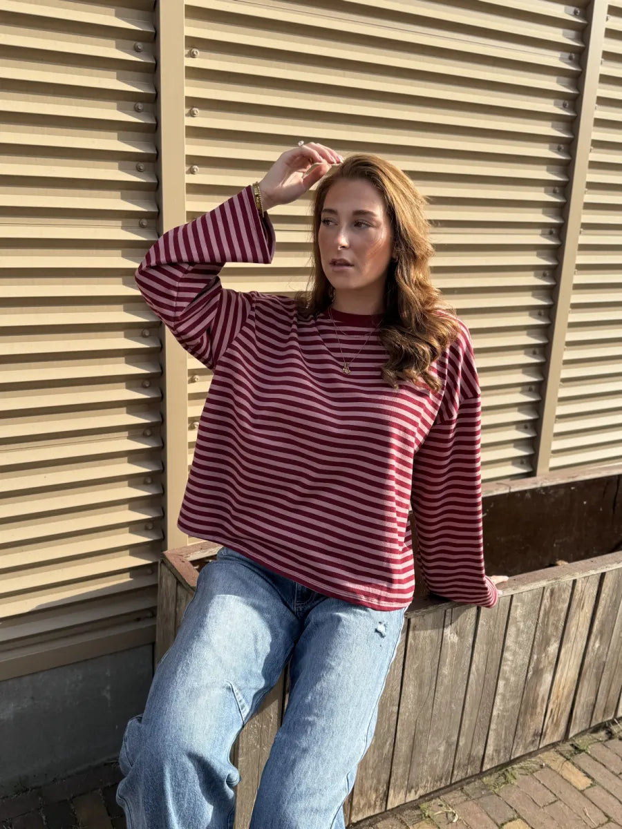  ZM - gestreepte longsleeve Jenna - bordeaux/ roze