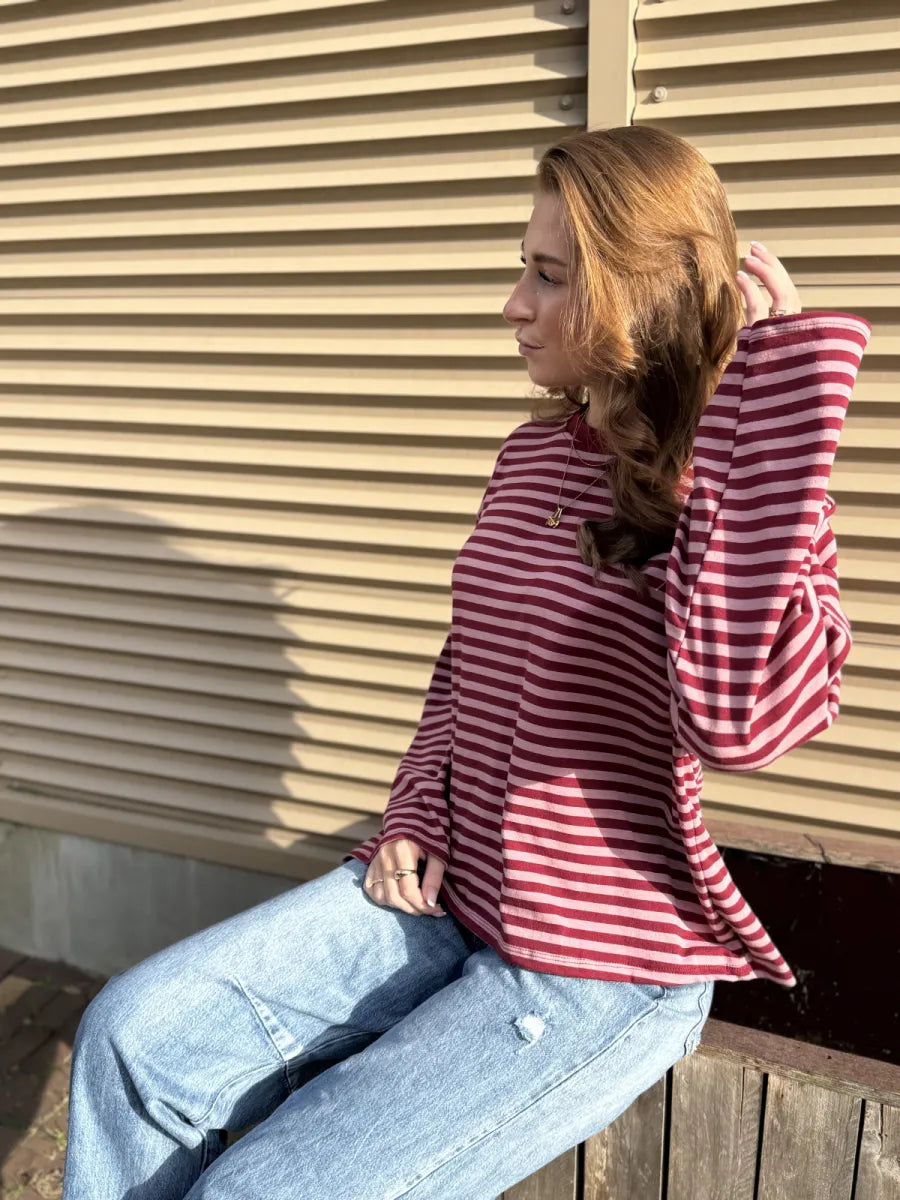  ZM - gestreepte longsleeve Jenna - bordeaux/ roze