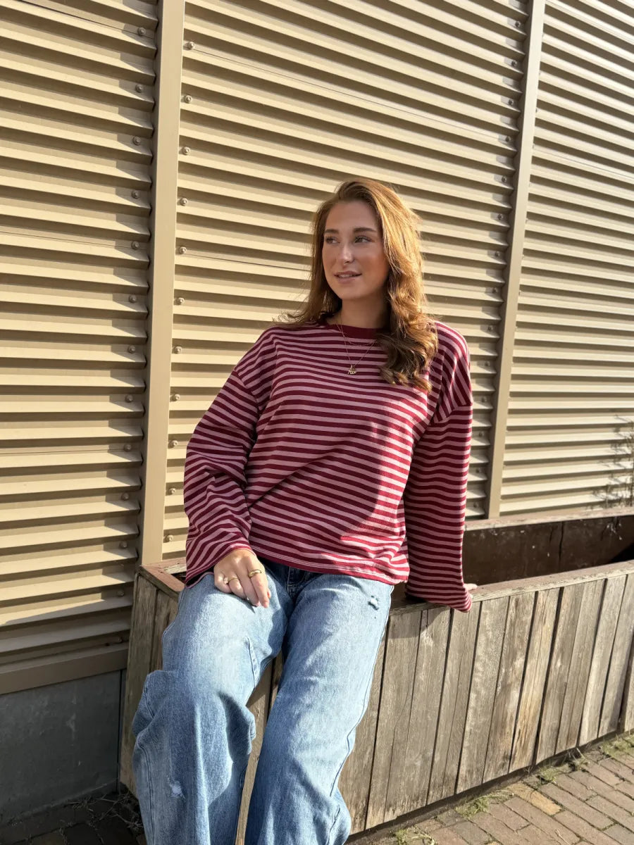  ZM - gestreepte longsleeve Jenna - bordeaux/ roze
