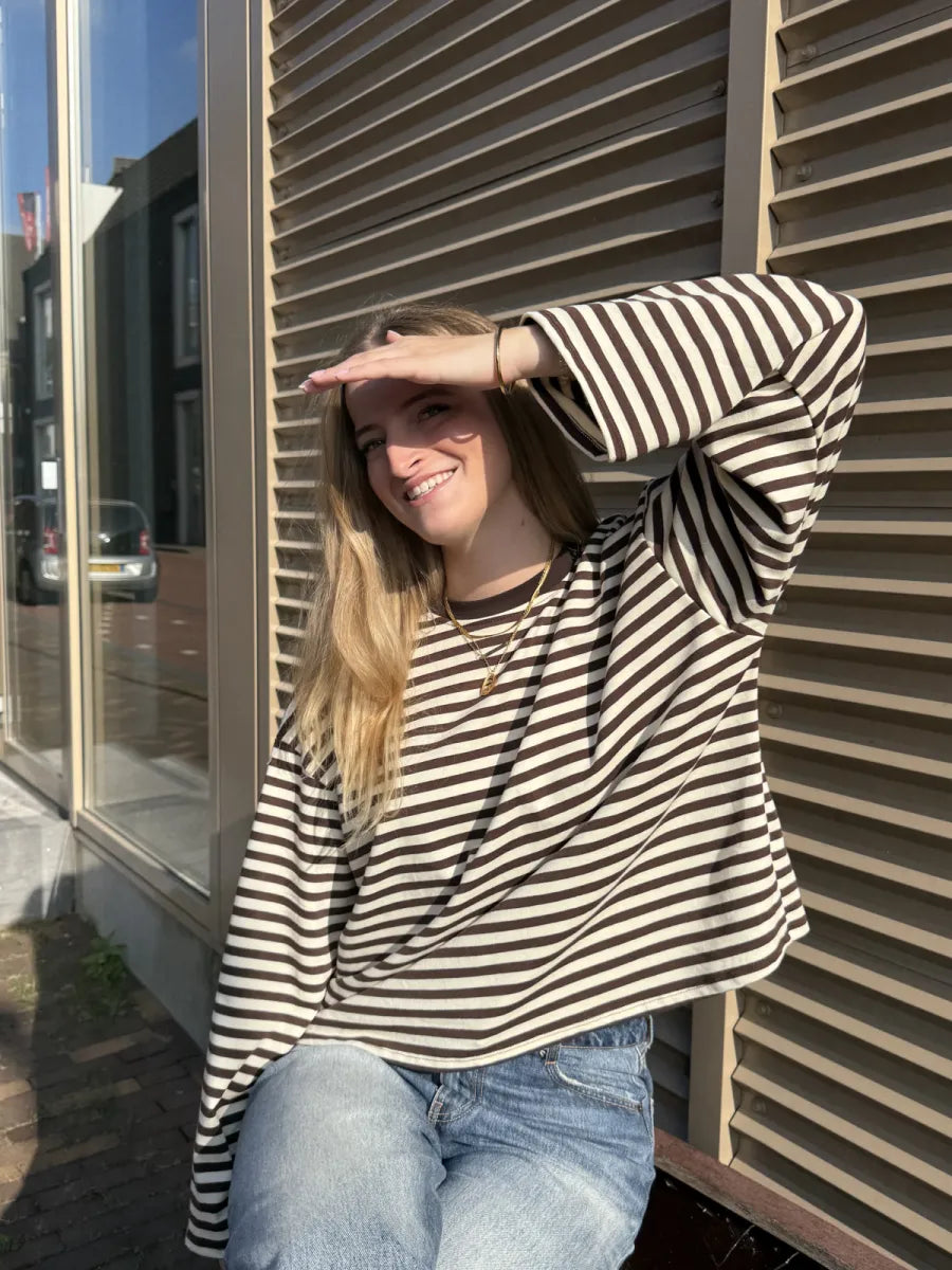  ZM - gestreepte longsleeve Jenna - bruin/ ecru