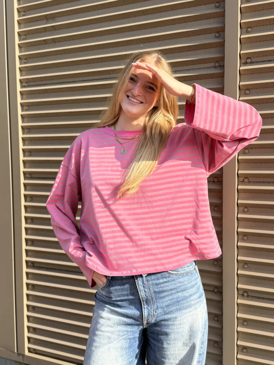  ZM - gestreepte longsleeve Jenna - fuchsia/ roze