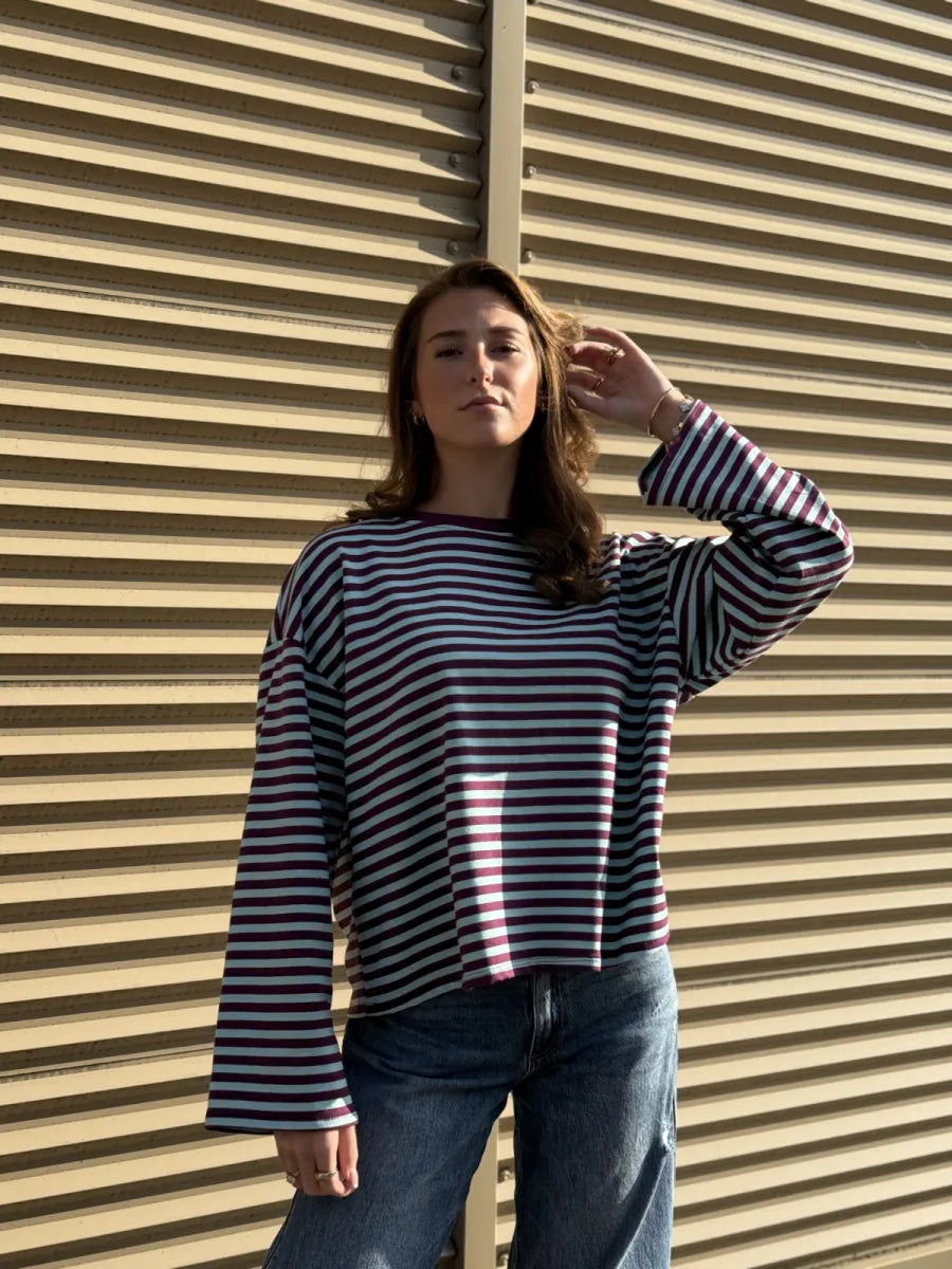  ZM - gestreepte longsleeve Jenna - Prune/ lichtblauw