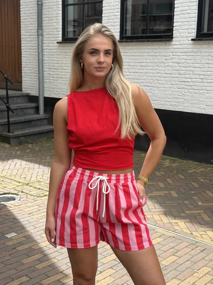  Linnen strik top met open rug - rood