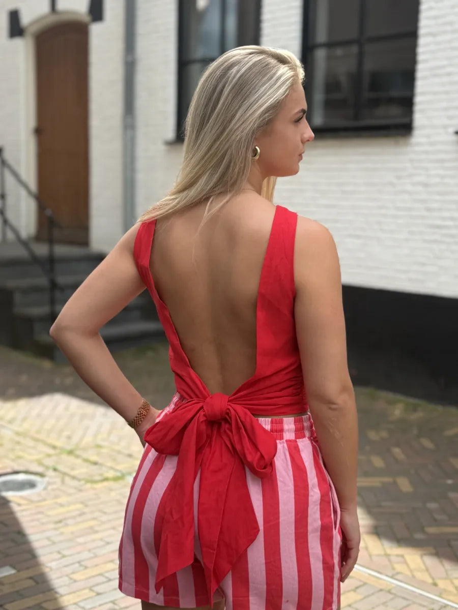  Linnen strik top met open rug - rood