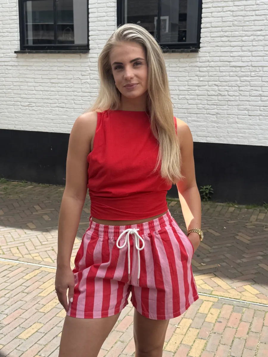  Linnen strik top met open rug - rood