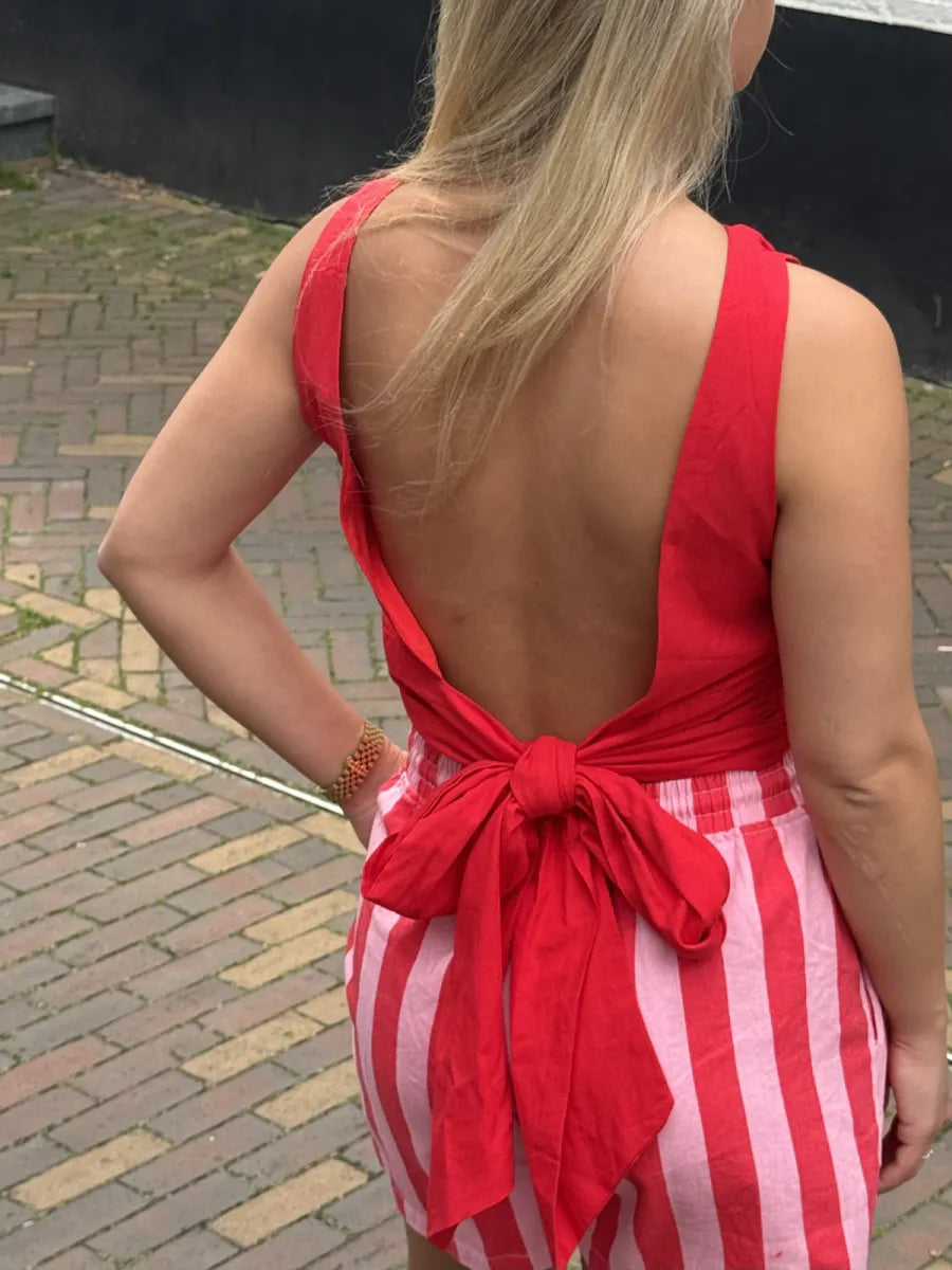  Linnen strik top met open rug - rood