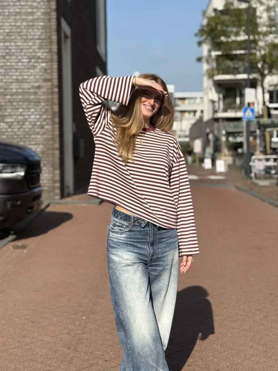  ZM - gestreepte longsleeve Jenna - prune/ ecru