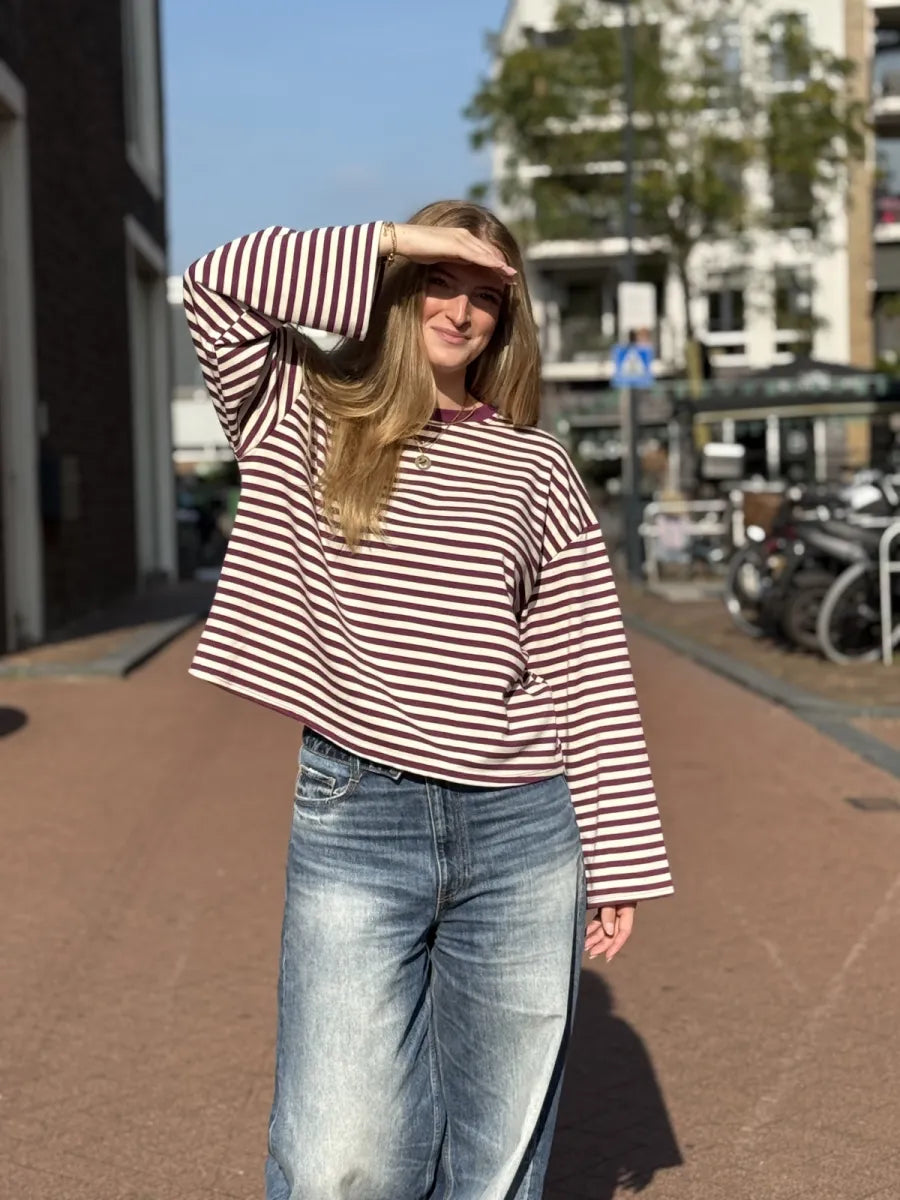  ZM - gestreepte longsleeve Jenna - prune/ ecru