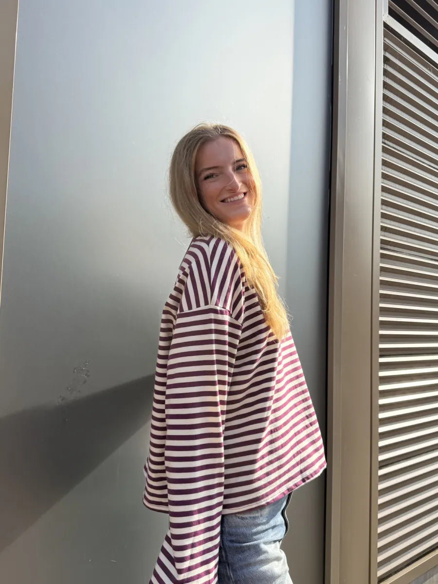  ZM - gestreepte longsleeve Jenna - prune/ ecru