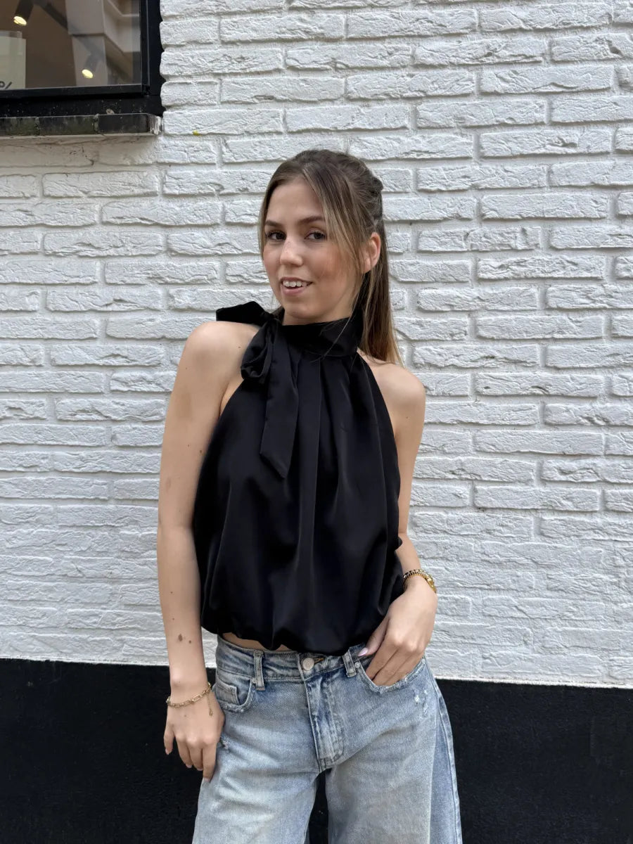  Satin look ballon halter top - zwart