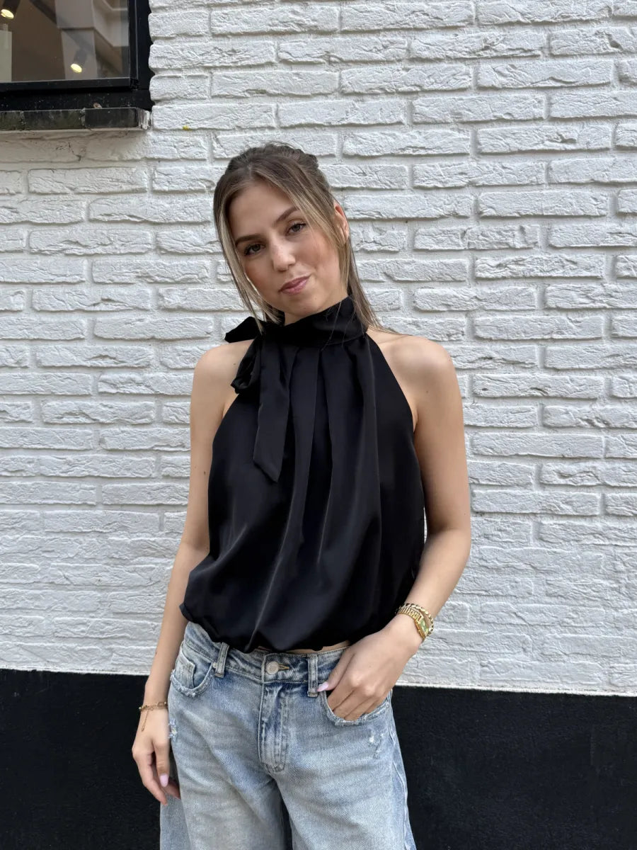  Satin look ballon halter top - zwart