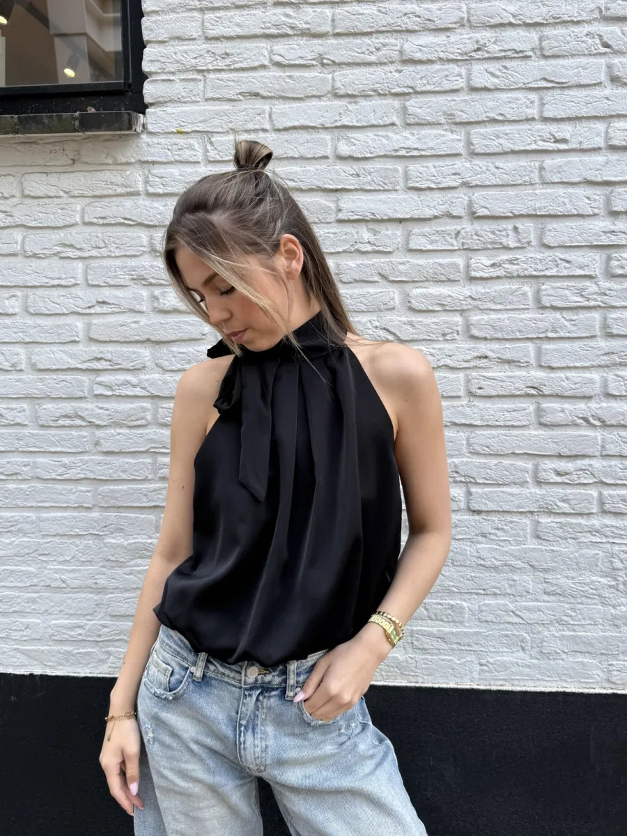  Satin look ballon halter top - zwart