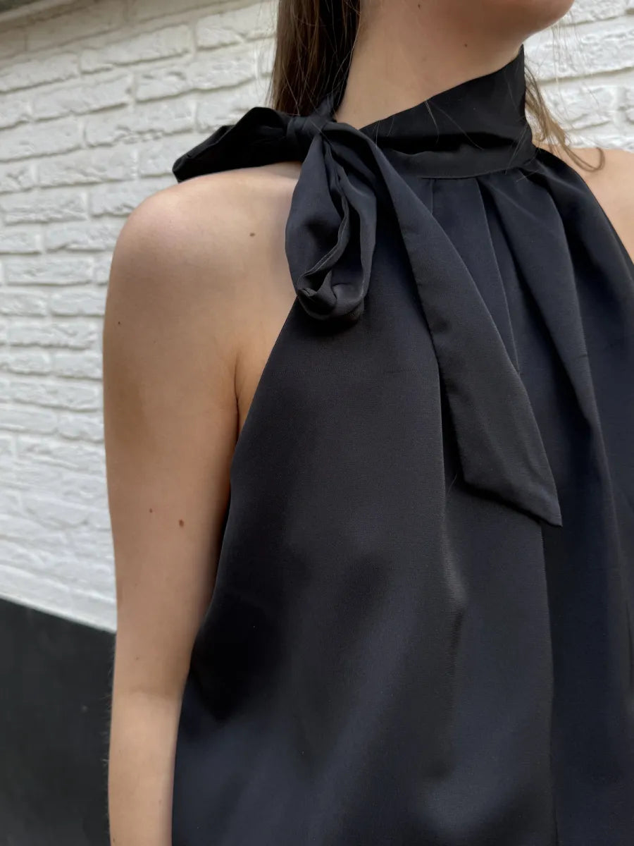  Satin look ballon halter top - zwart