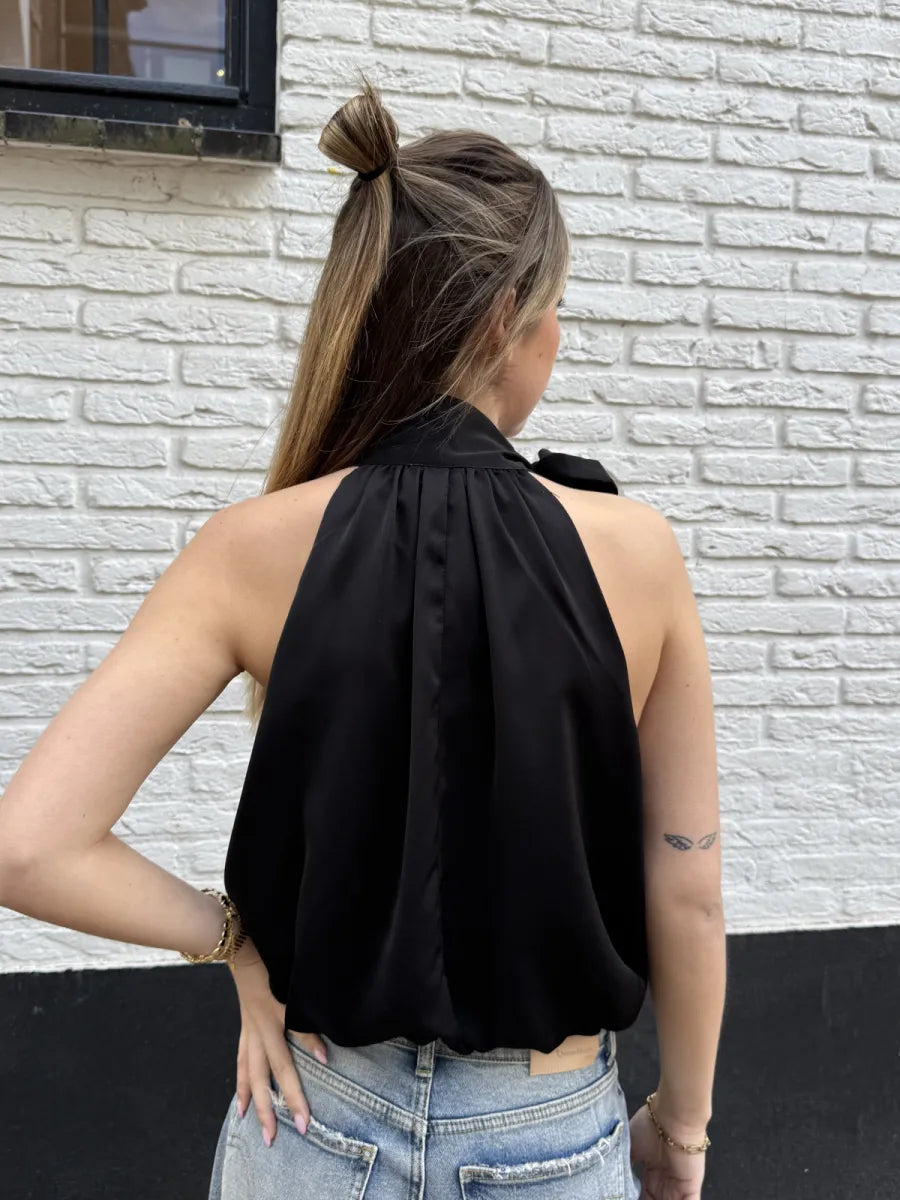  Satin look ballon halter top - zwart