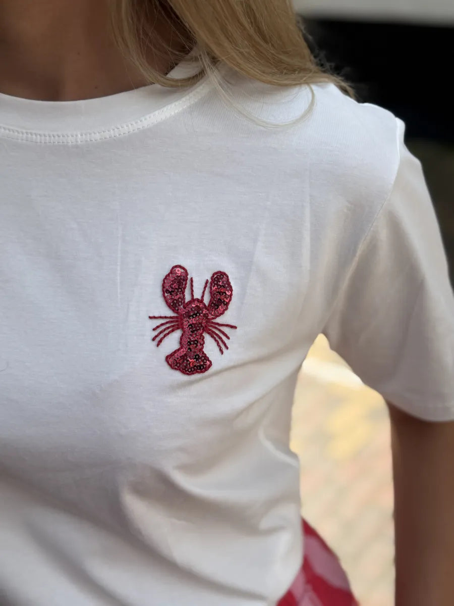  T-shirt met pailletten kreeft - wit