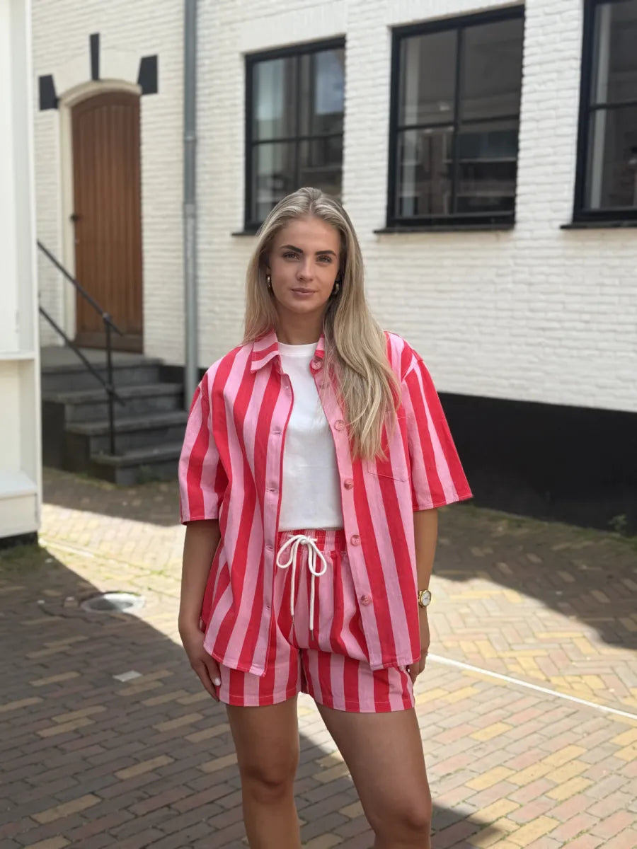  Gestreepte short Mandy - rood/ roze