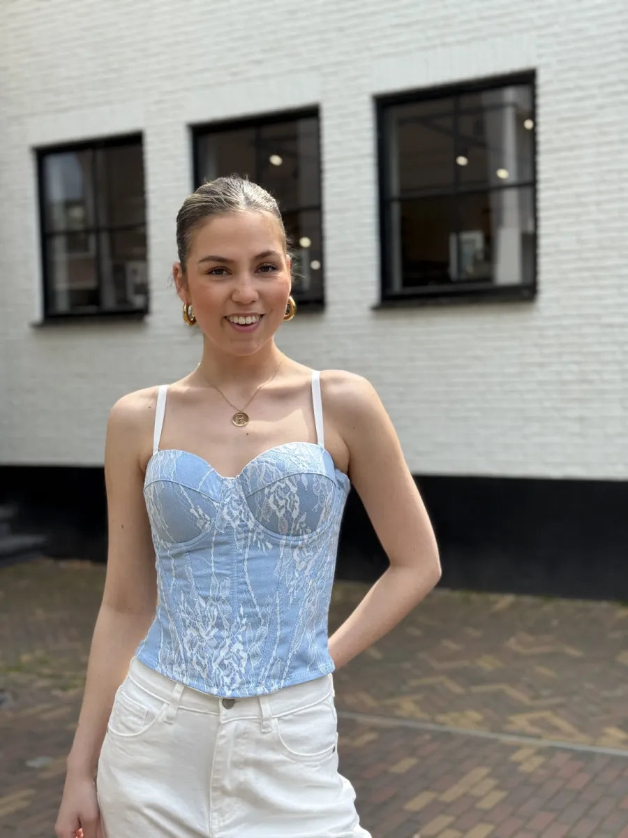  Denim bustier top met kant - blauw