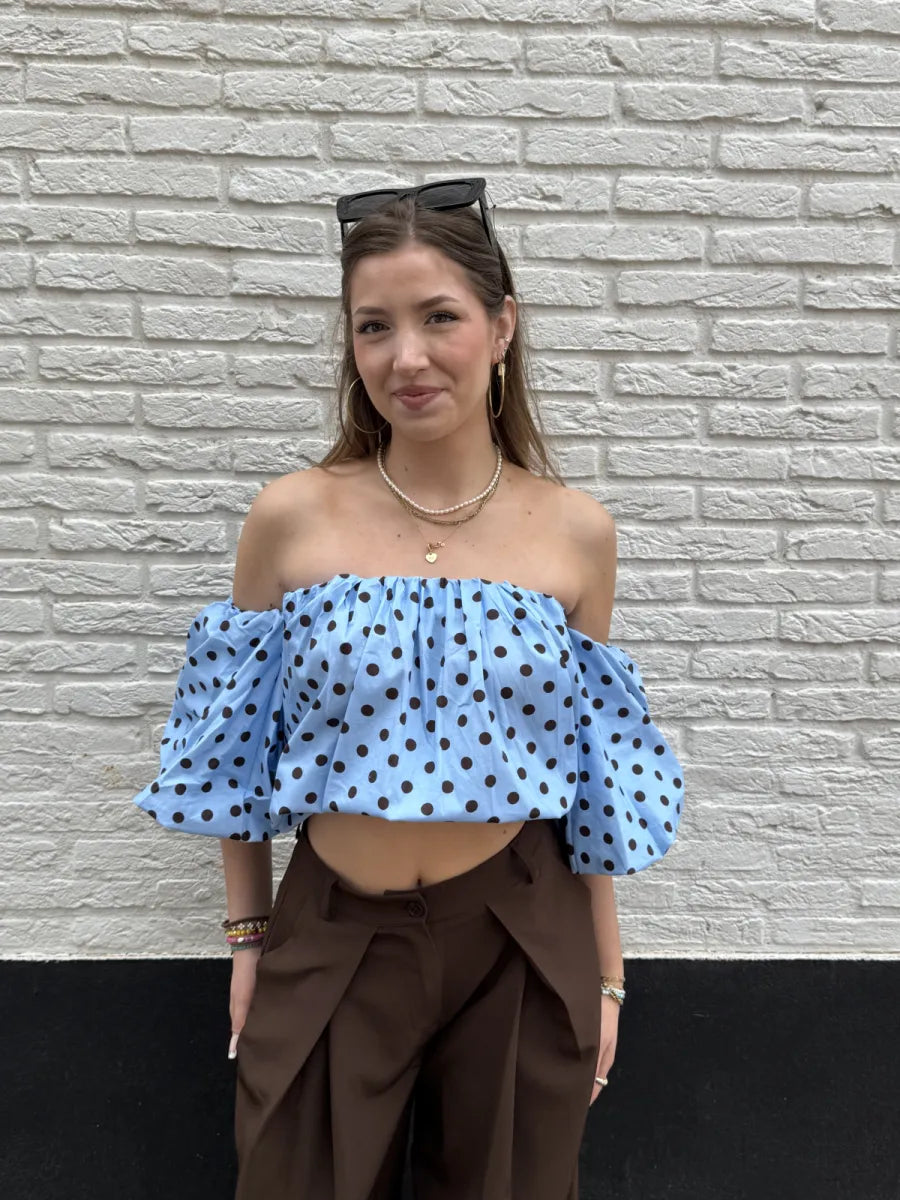  Gestipte off shoulder blouse Dotje - blauw