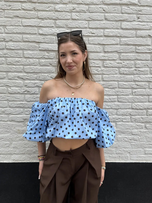  Gestipte off shoulder blouse Dotje - blauw