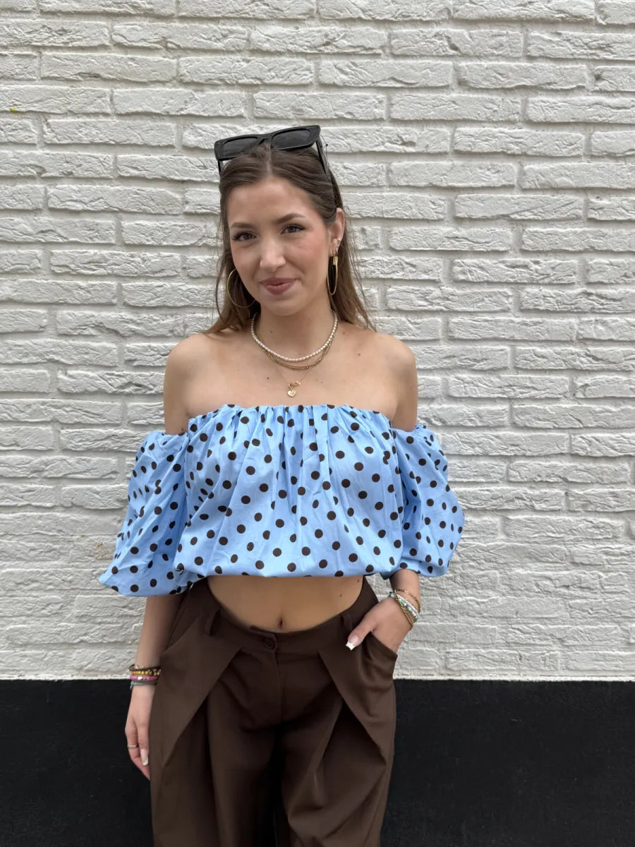 Gestipte off shoulder blouse Dotje - blauw