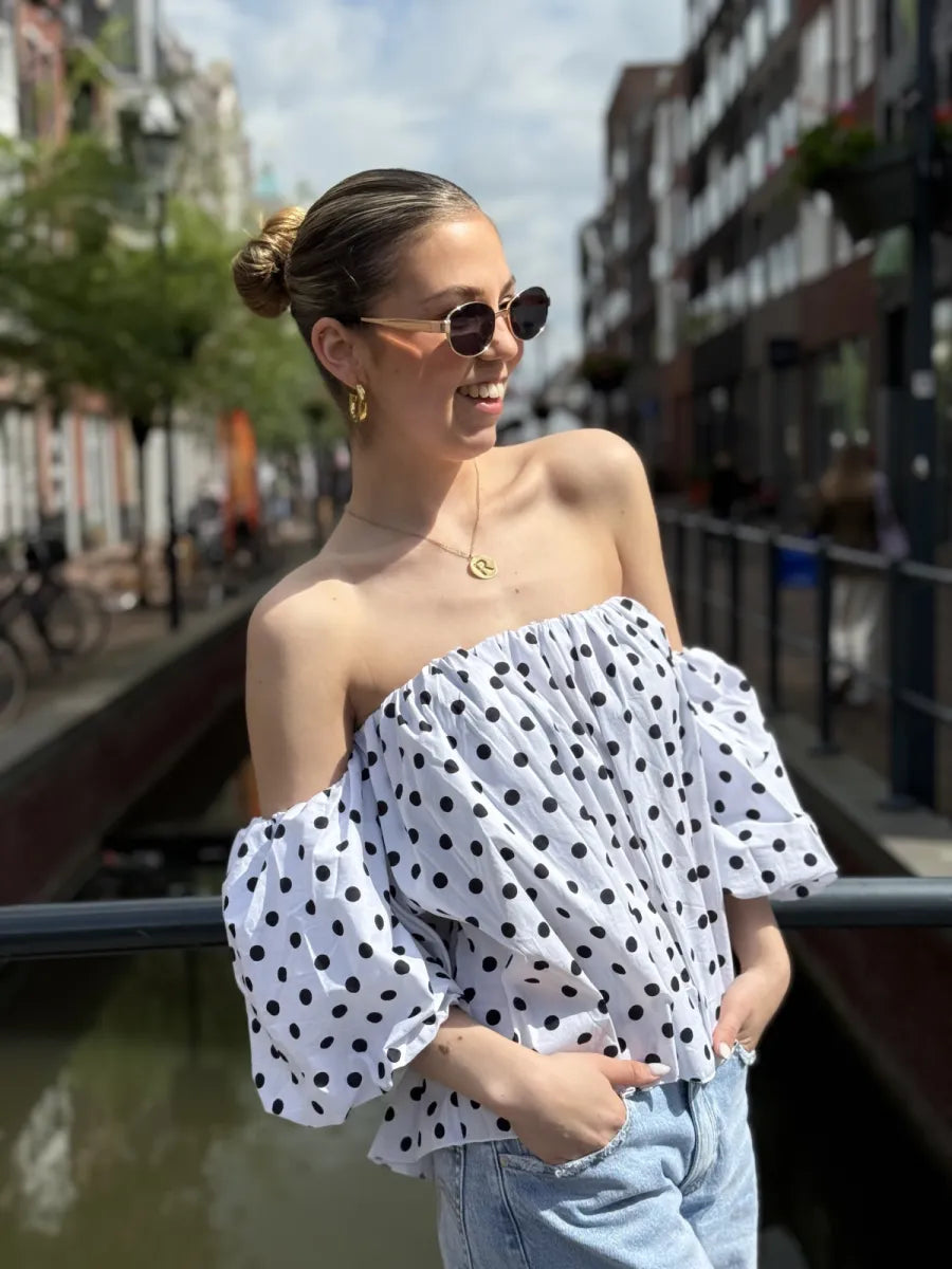  Gestipte off shoulder blouse Dotje - wit