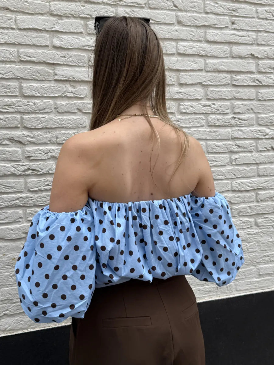  Gestipte off shoulder blouse Dotje - blauw