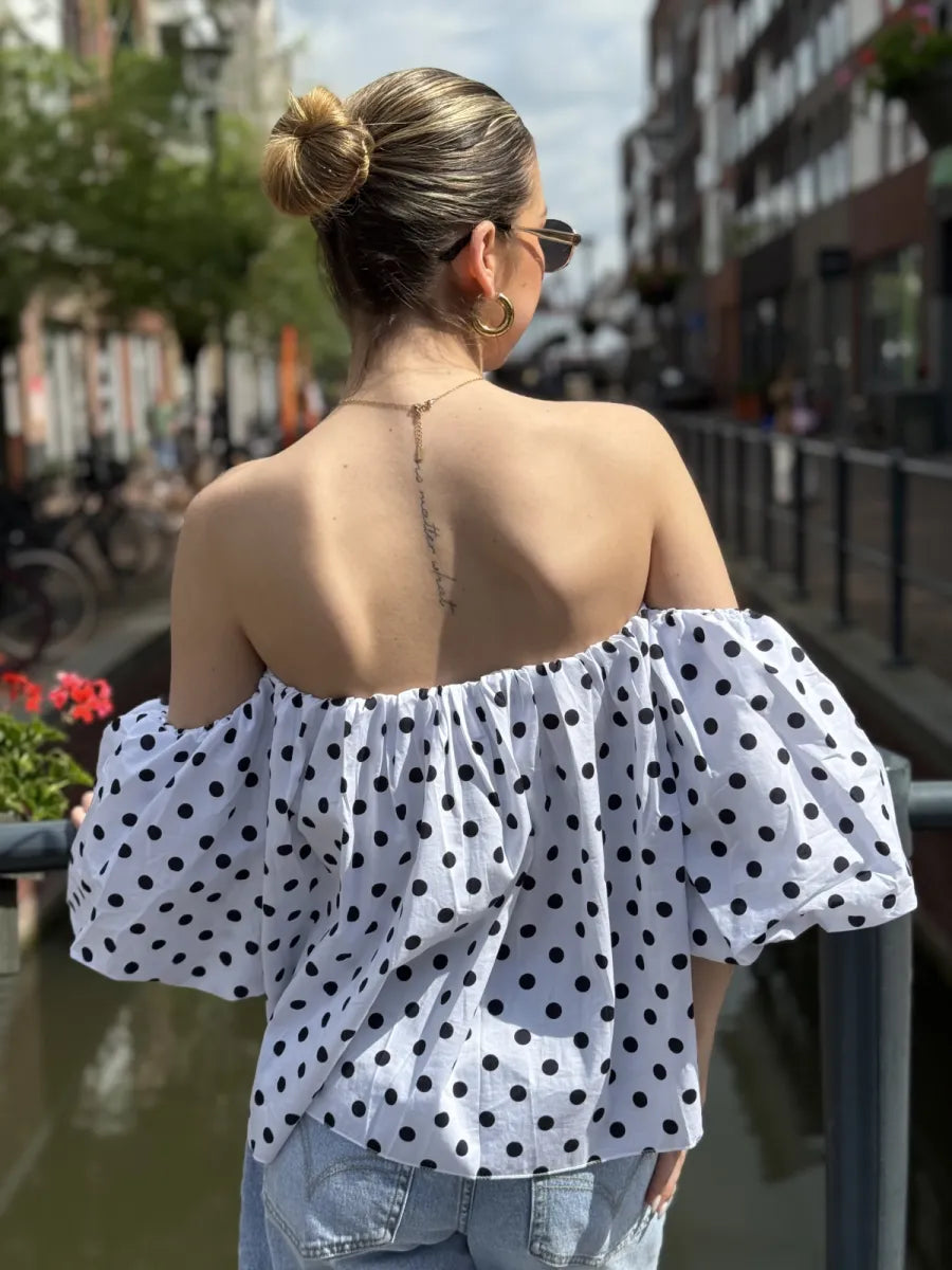  Gestipte off shoulder blouse Dotje - wit