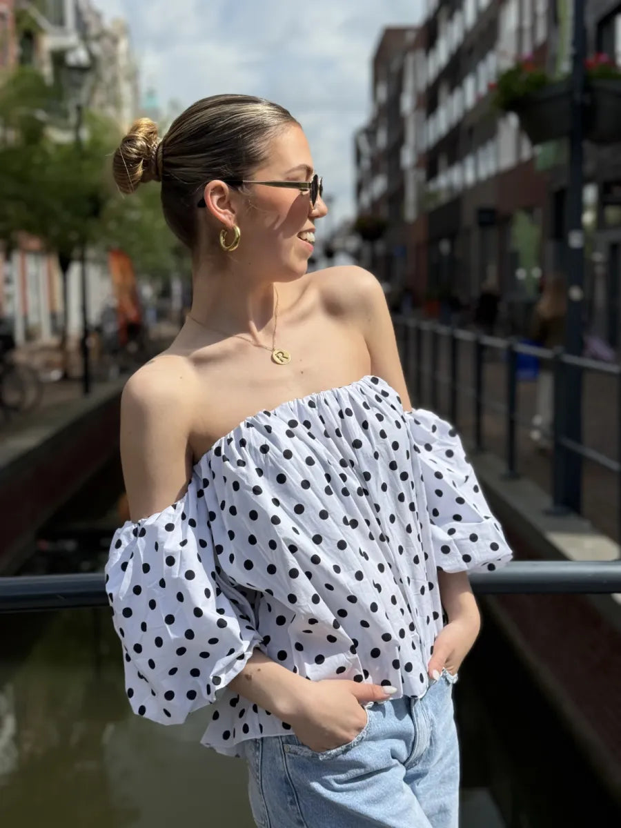  Gestipte off shoulder blouse Dotje - wit