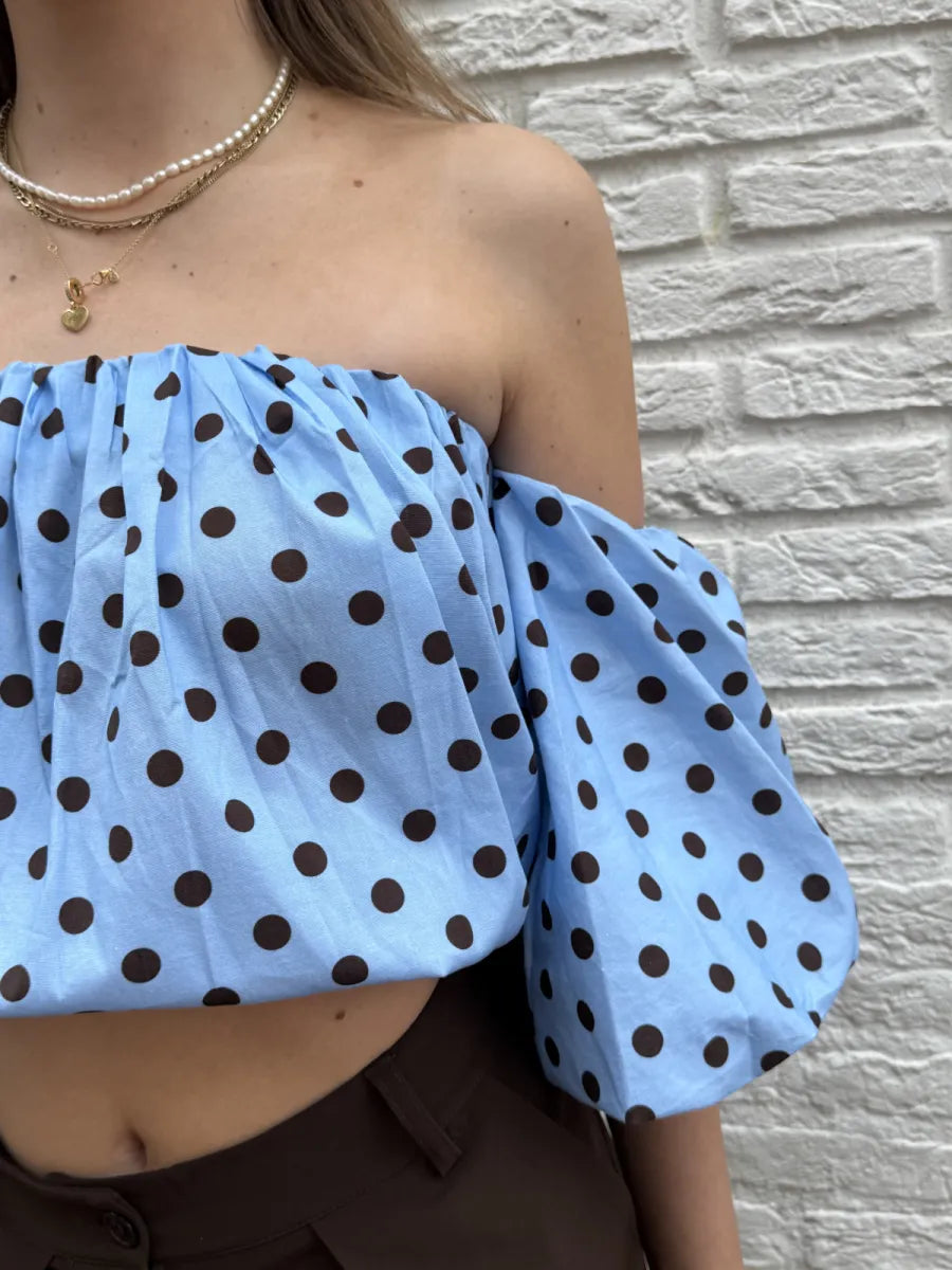  Gestipte off shoulder blouse Dotje - blauw