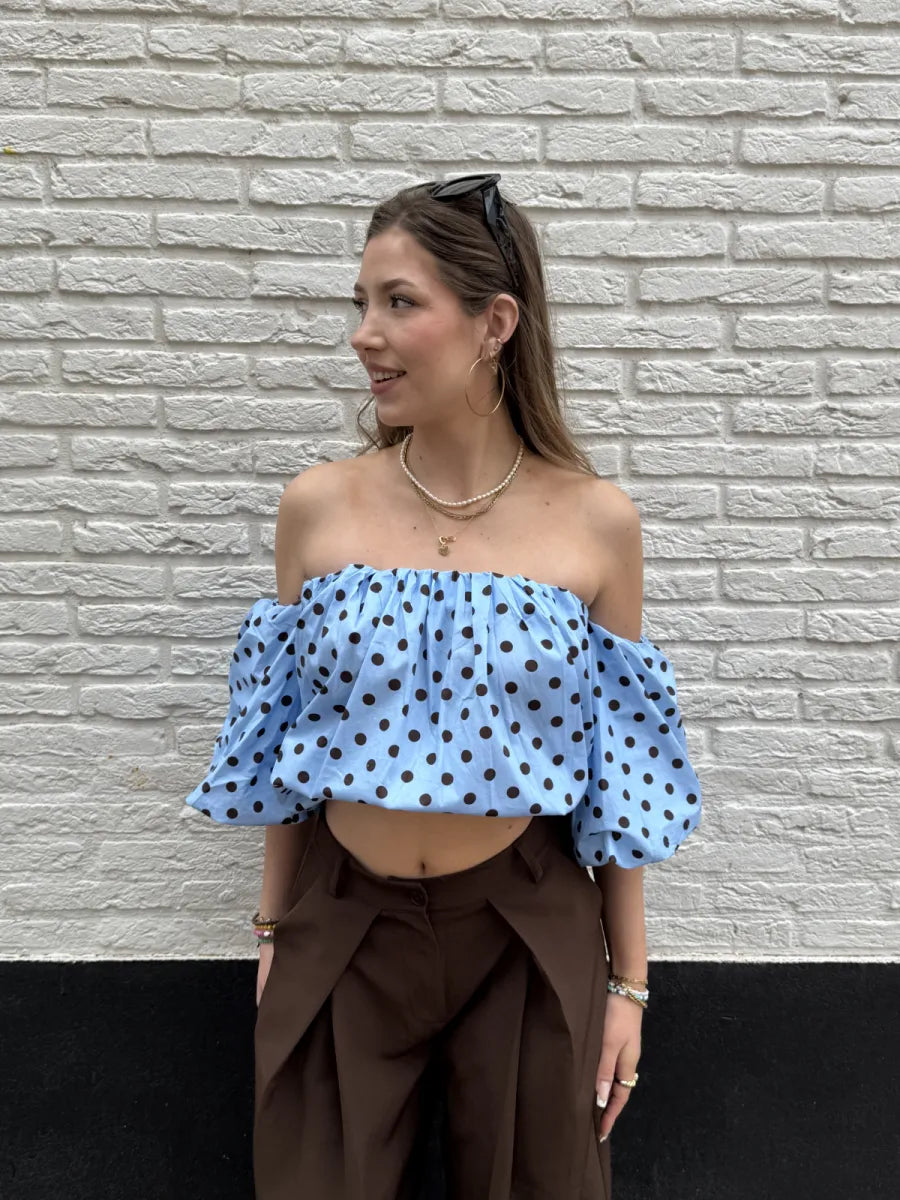  Gestipte off shoulder blouse Dotje - blauw