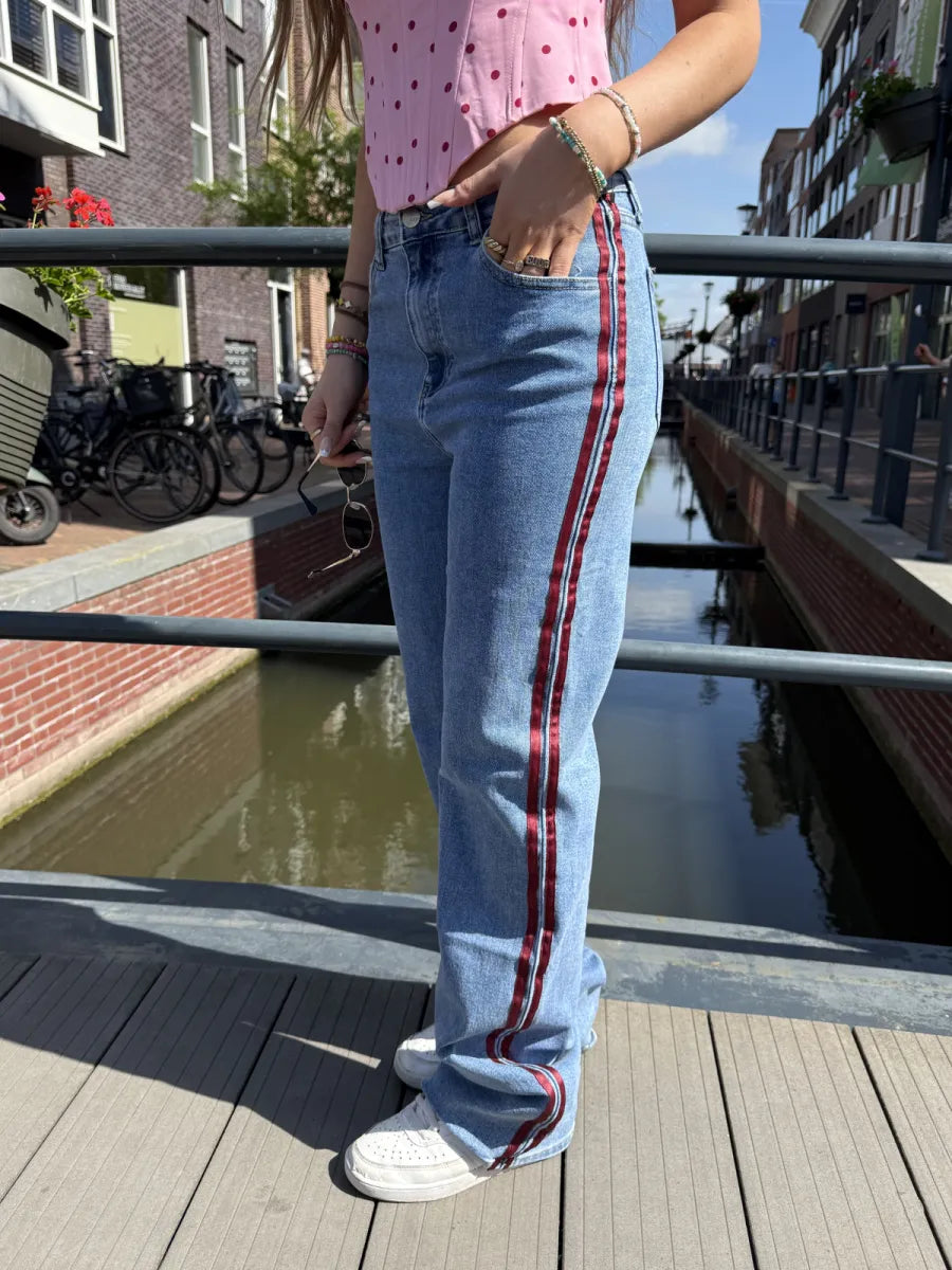  ZM - Blauwe extra tall wide leg jeans bordeaux strepen