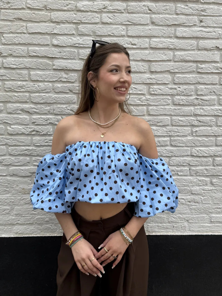  Gestipte off shoulder blouse Dotje - blauw