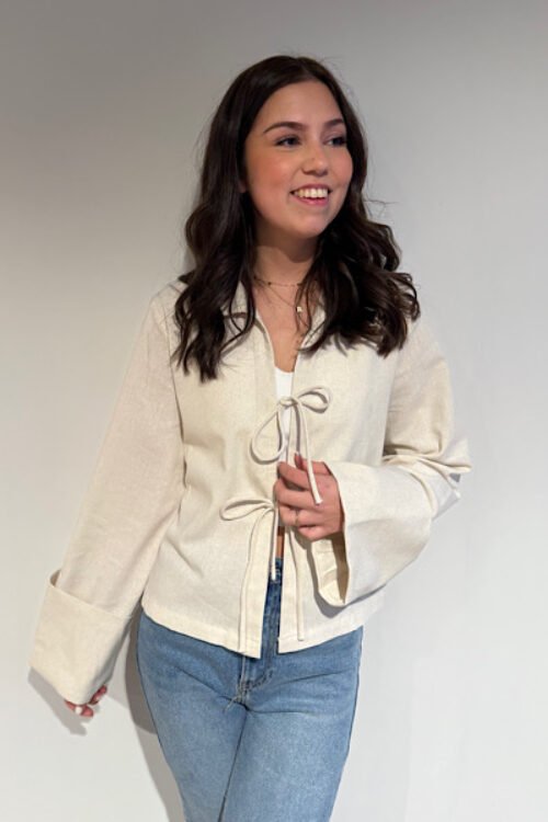 Beige linnen strik blouse met omslag