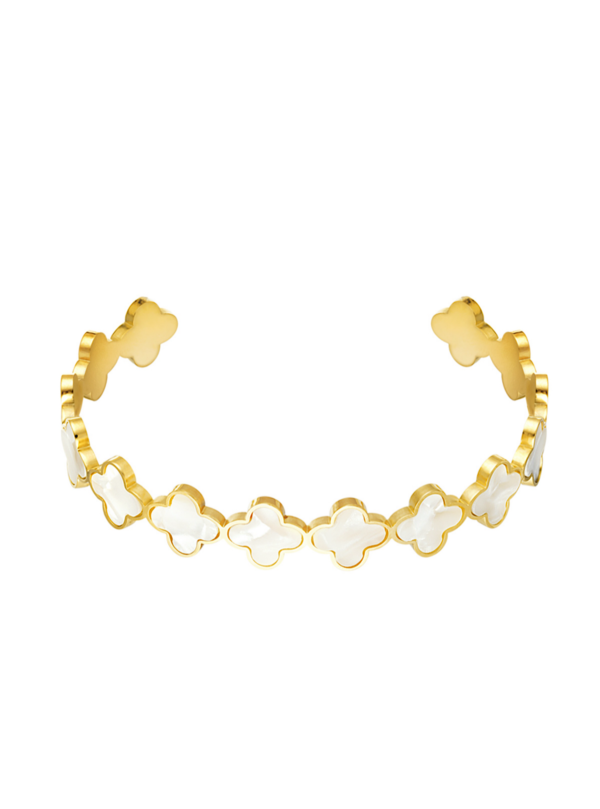 Gouden bangle witte klavertjes
